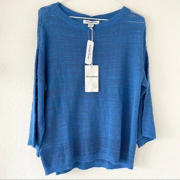 Tommy Bahama Sea Grass Open Hem Burnout Sheer Sweater Turkish Sea Blue NEW - Picture 3 of 5